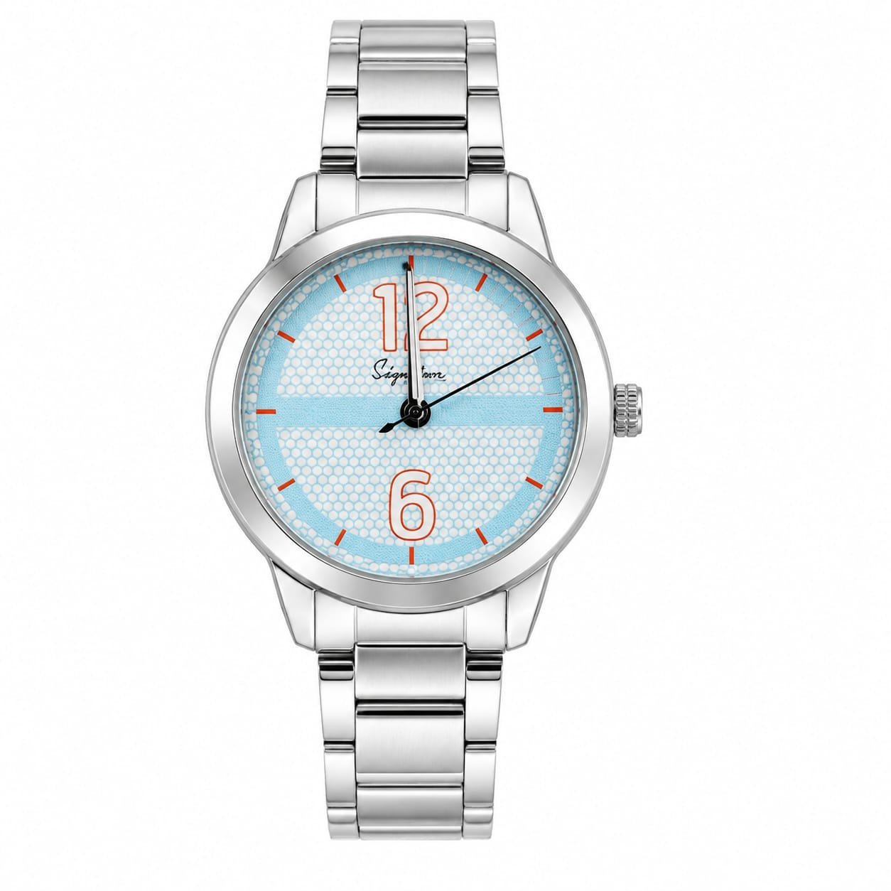 Signature Men's Silver Stainless Steel Analog Watch | White & Sky Blue Round Dial | Quartz Wrist Watch