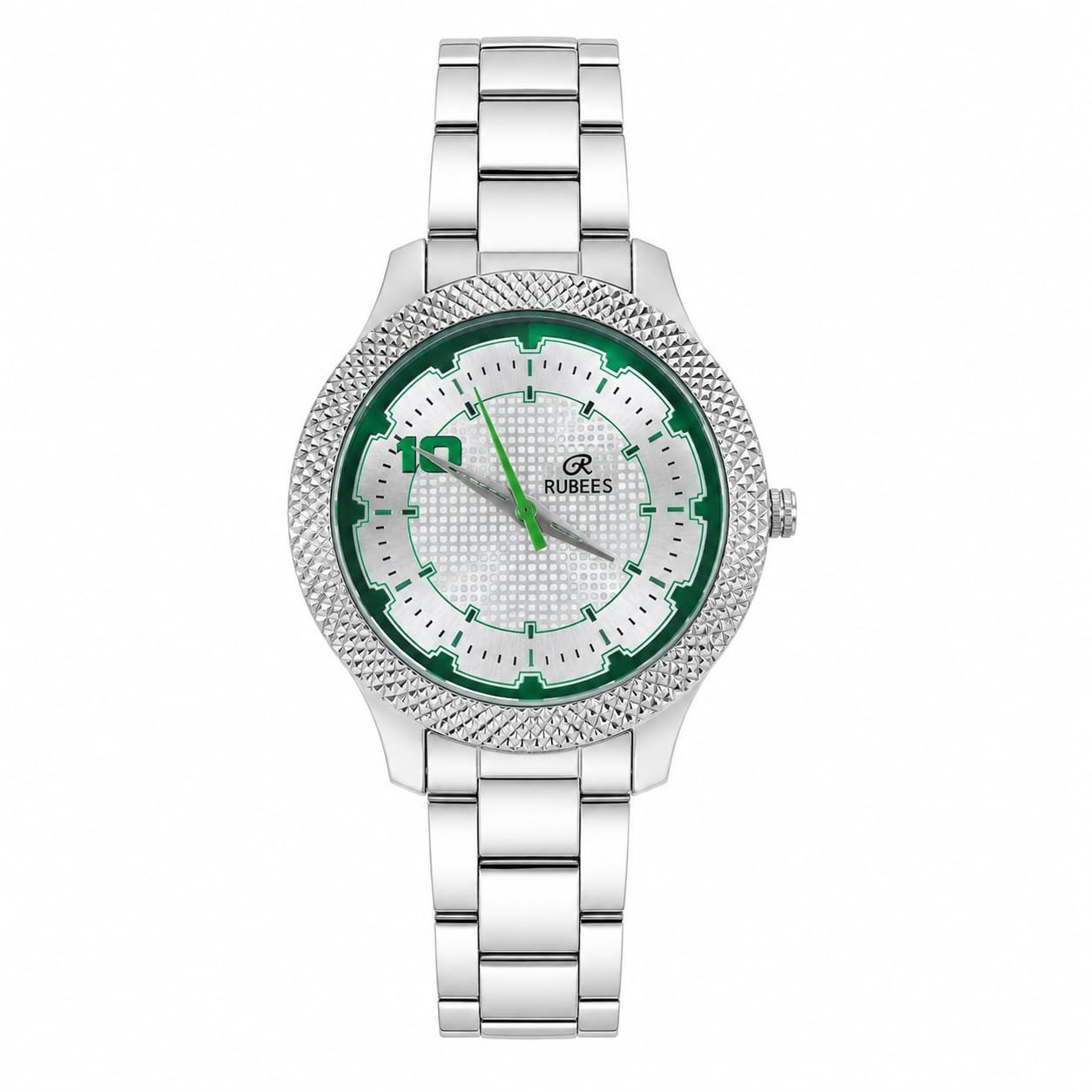 RUBEES Men's Premium Silver Analog Watch | Silver & Green Round Dial | Stainless Steel Quartz Wrist Watch