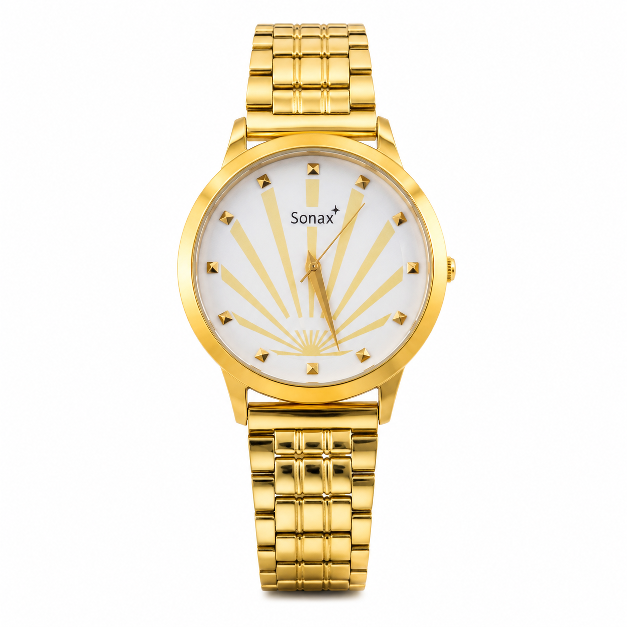 Sonax Women's Gold Analog Watch | White Sunburst Dial | Gold Stainless Steel Strap | Quartz Wrist Watch for Women | Elegant Fashion Watch | 31mm