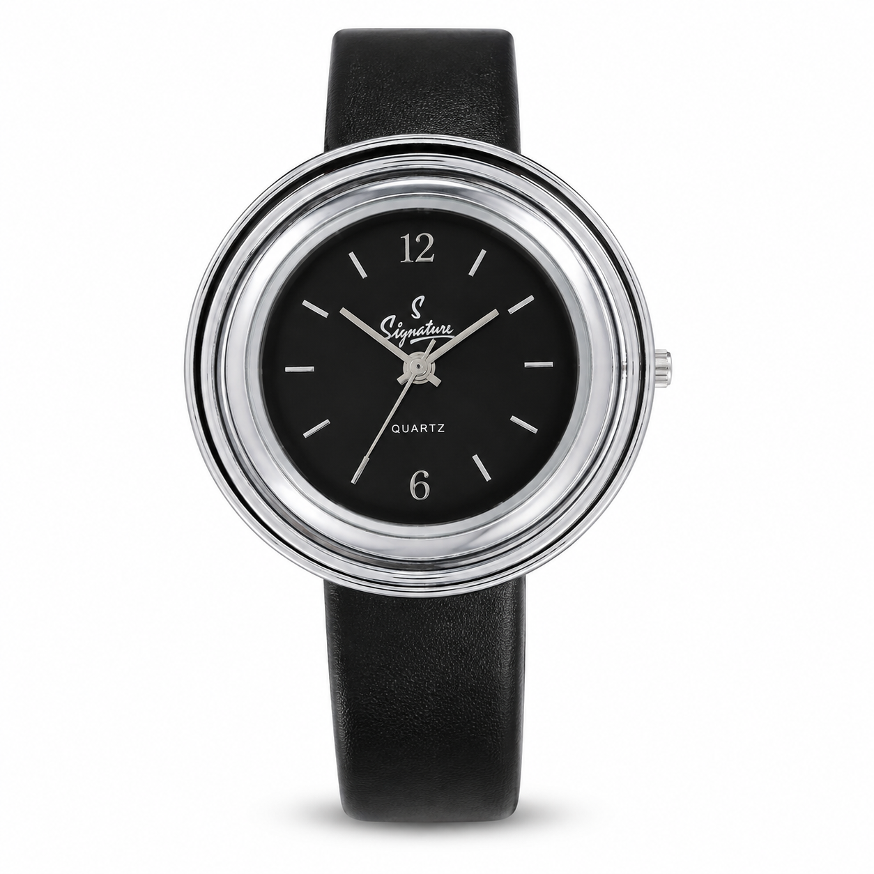 Signature Women's Analog Watch | Black Leather Strap | Round Black Dial | Quartz Casual Fashion Wrist Watch
