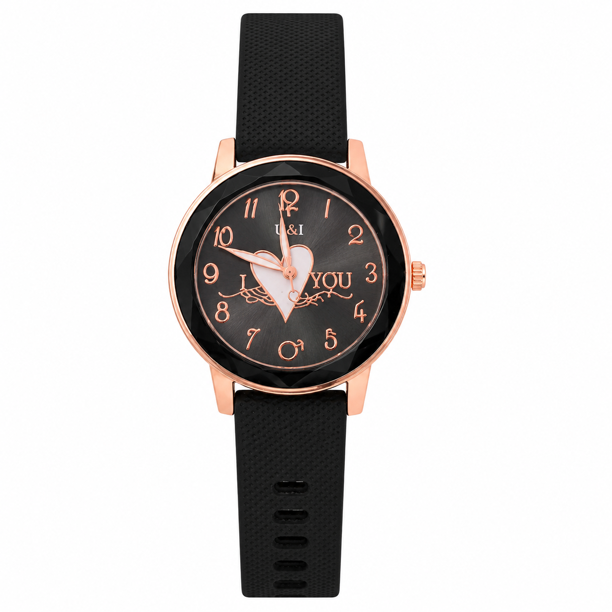 U&I Women's Analog Watch | Black Silicone Strap | Black Heart Dial | Rose Gold Round Case | Quartz Casual Fashion Wrist Watch