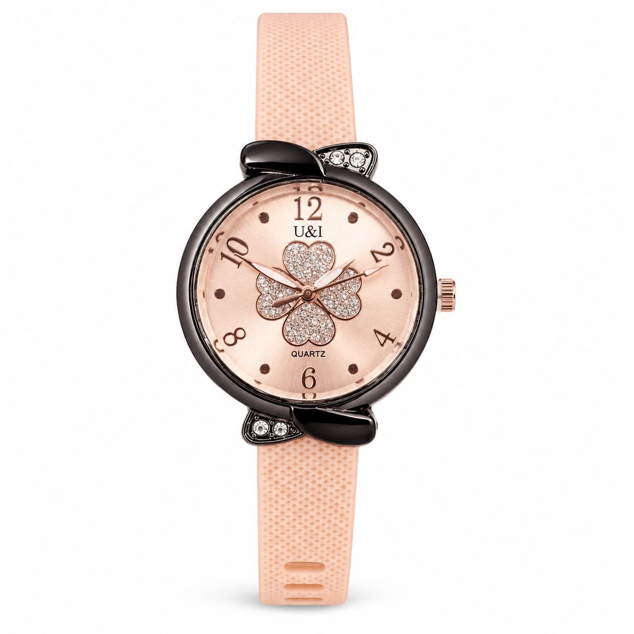 U&I Women's Analog Quartz Watch | Crystal Flower Rose Gold Dial | Pink Silicone Strap | Elegant Fashion Wrist Watch