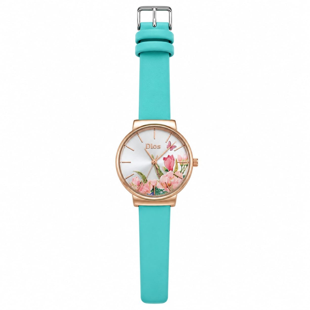 Dlos Women's Analog Quartz Watch | Floral Pearl Dial | Mint Green Silicone Strap | Elegant Casual Fashion Wrist Watch