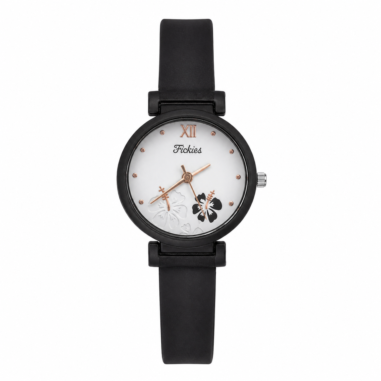 Fickies Elegant Floral Analog Watch for Women | White Dial | Black Silicone Strap | 2.6 cm Round Case
