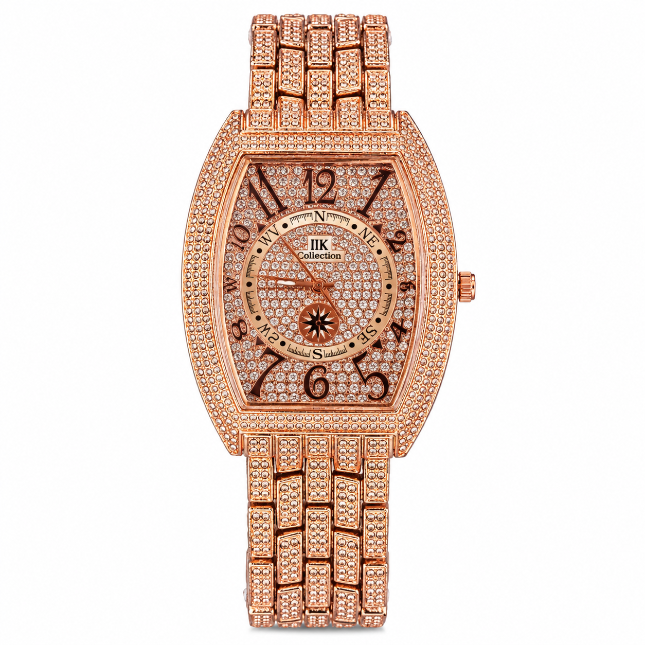 IIK Collection Women's Luxury Rose Gold Analog Watch | Crystal Stone Dial & Bezel | Tonneau Designer Metal Strap Quartz Wrist Watch
