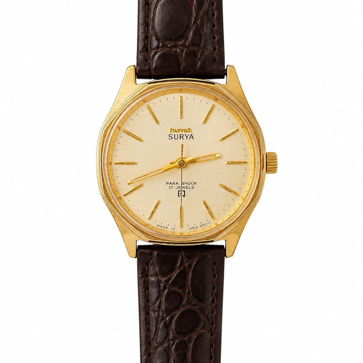 HMT Surya Men’s Mechanical Analog Watch | Gold Dial | Gold Round Case | Brown Leather Strap | 17 Jewels Para Shock | Vintage Classic Wrist Watch