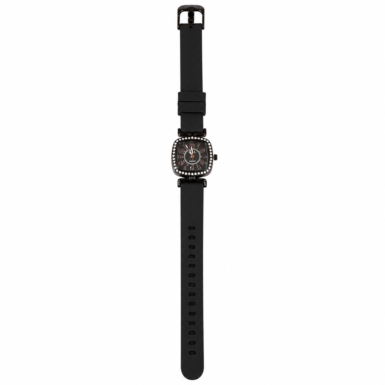 Silk Women’s Black Analog Watch | Brown Dial | Crystal Studded Rounded Square Case | Black Silicone Strap | Quartz Fashion Wrist Watch