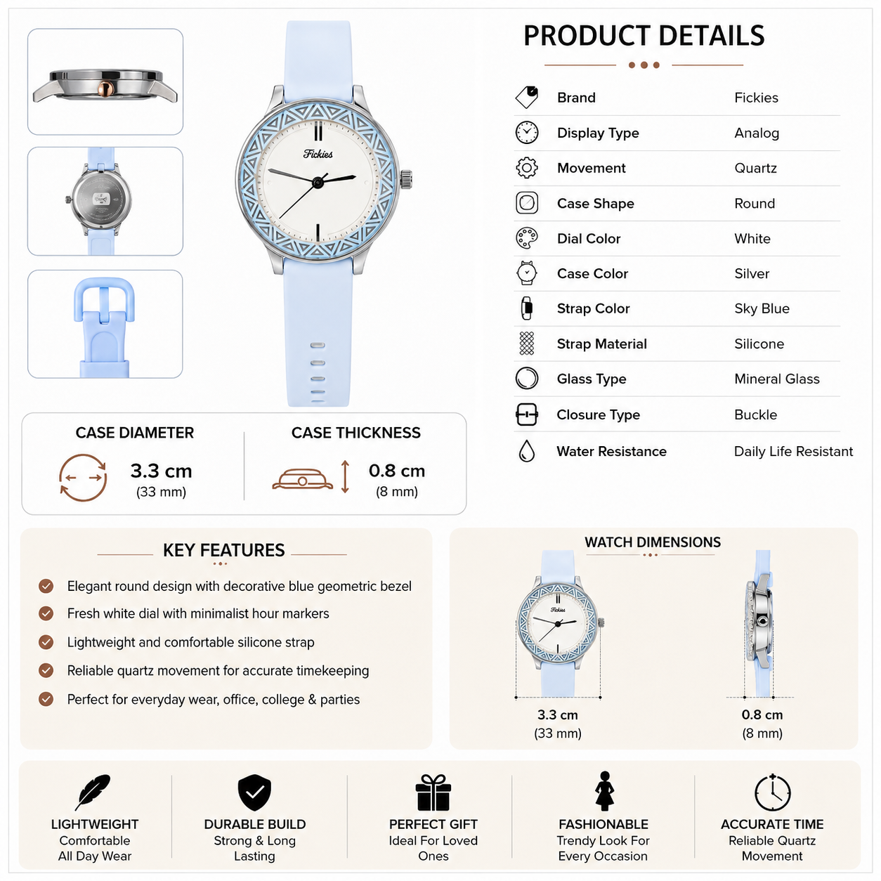 Fickies Women's Analog Watch | Sky Blue Silicone Strap | White Round Dial | Quartz Casual Fashion Wrist Watch - Image 5