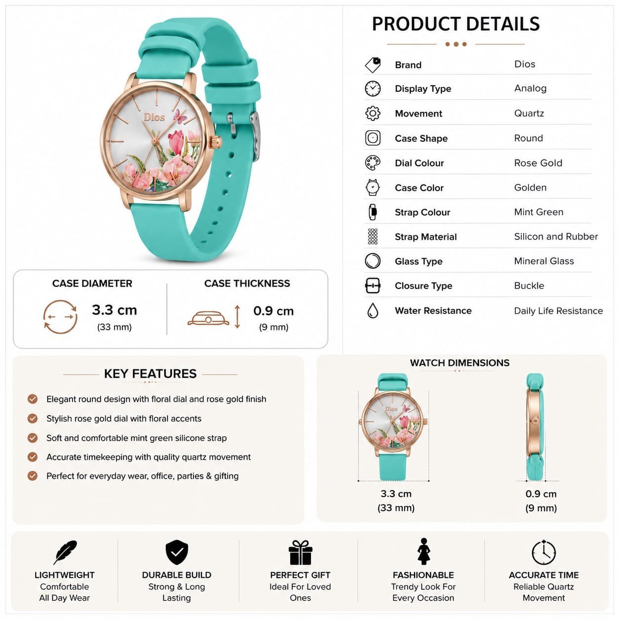 Dlos Women's Analog Quartz Watch | Floral Pearl Dial | Mint Green Silicone Strap | Elegant Casual Fashion Wrist Watch - Image 5