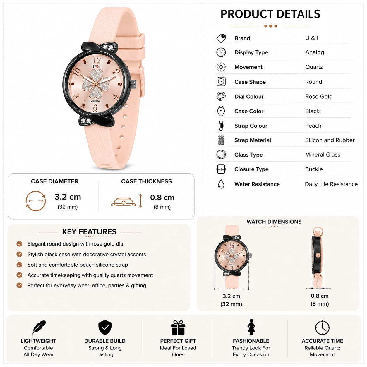 U&I Women's Analog Quartz Watch | Crystal Flower Rose Gold Dial | Pink Silicone Strap | Elegant Fashion Wrist Watch - Image 5