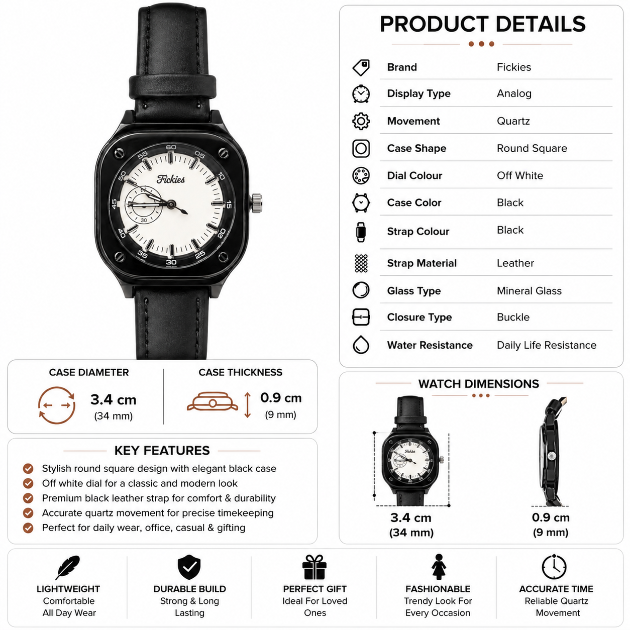 Fickies Square Analog Watch for Women | White Dial | Black Leather Strap | Stylish Casual Wrist Watch - Image 6