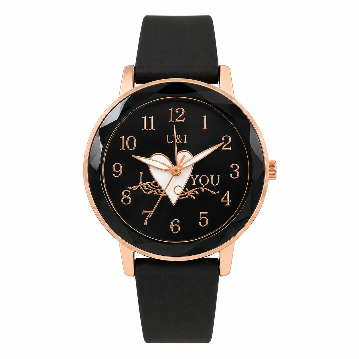 U&I Women's Analog Watch | Black Silicone Strap | Black Heart Dial | Rose Gold Round Case | Quartz Casual Fashion Wrist Watch - Image 2
