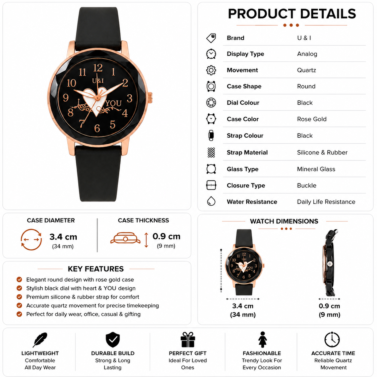 U&I Women's Analog Watch | Black Silicone Strap | Black Heart Dial | Rose Gold Round Case | Quartz Casual Fashion Wrist Watch - Image 6