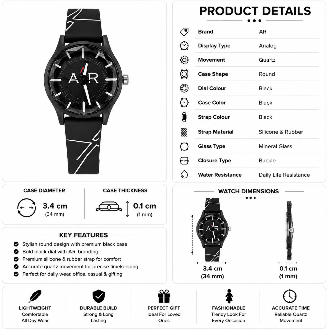 AIR Men's Black Analog Watch | Printed Silicone Strap | Stylish Casual Wrist Watch - Image 5