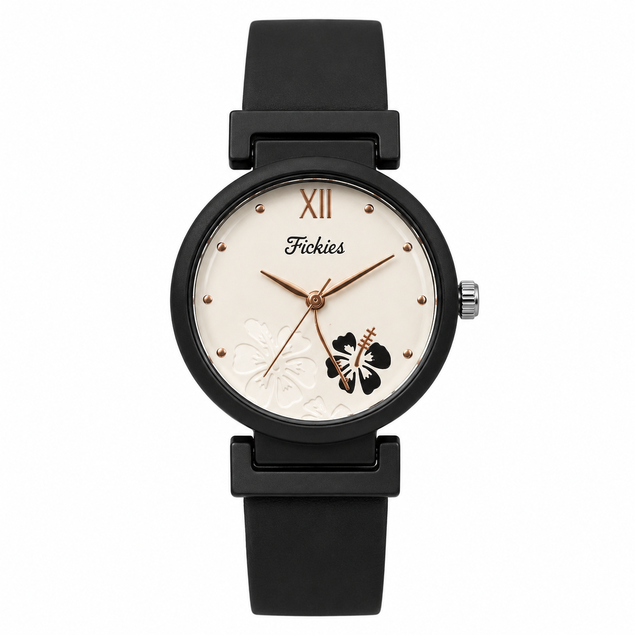 Fickies Elegant Floral Analog Watch for Women | White Dial | Black Silicone Strap | 2.6 cm Round Case - Image 2