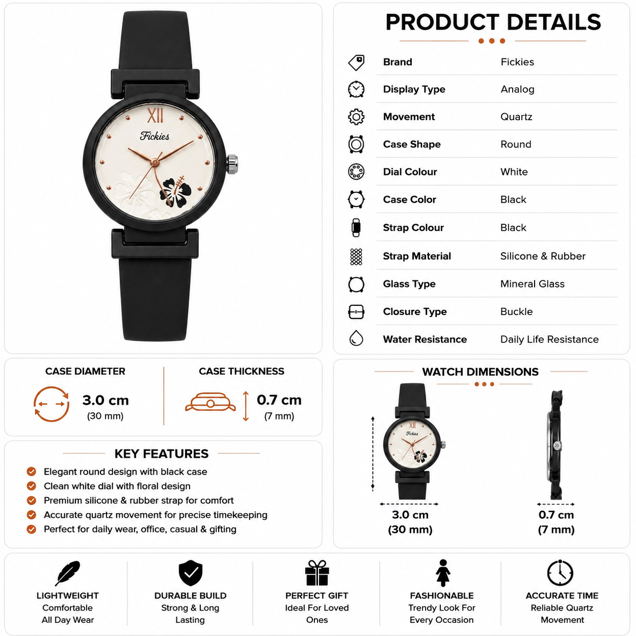 Fickies Elegant Floral Analog Watch for Women | White Dial | Black Silicone Strap | 2.6 cm Round Case - Image 6