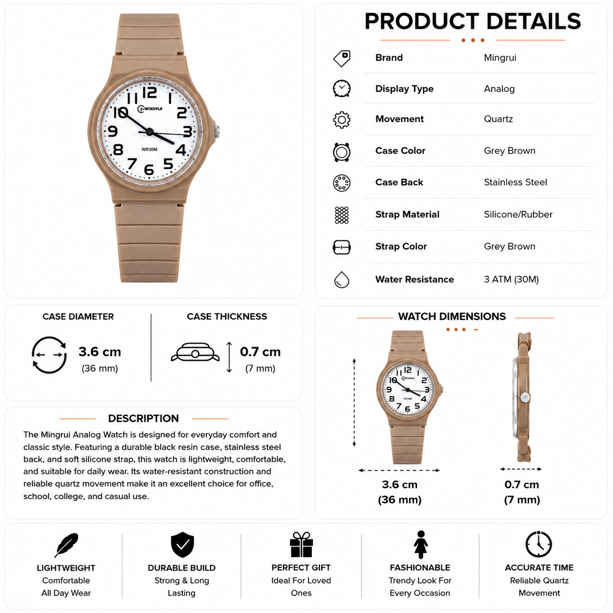 Mingrui Analog Watch for Men & Women | Grey Brown Silicone Strap | White Dial | Quartz Movement | 36mm | 3 ATM Water Resistant - Image 5