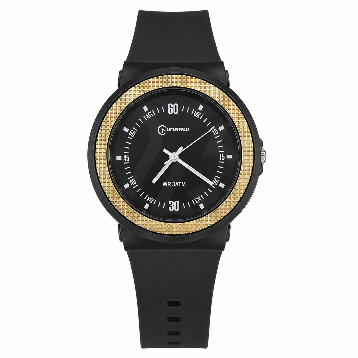Mingrui Analog Watch for Men & Women | Black Silicone Strap | Black Dial with Gold Bezel | Quartz Movement | 3 ATM Water Resistant