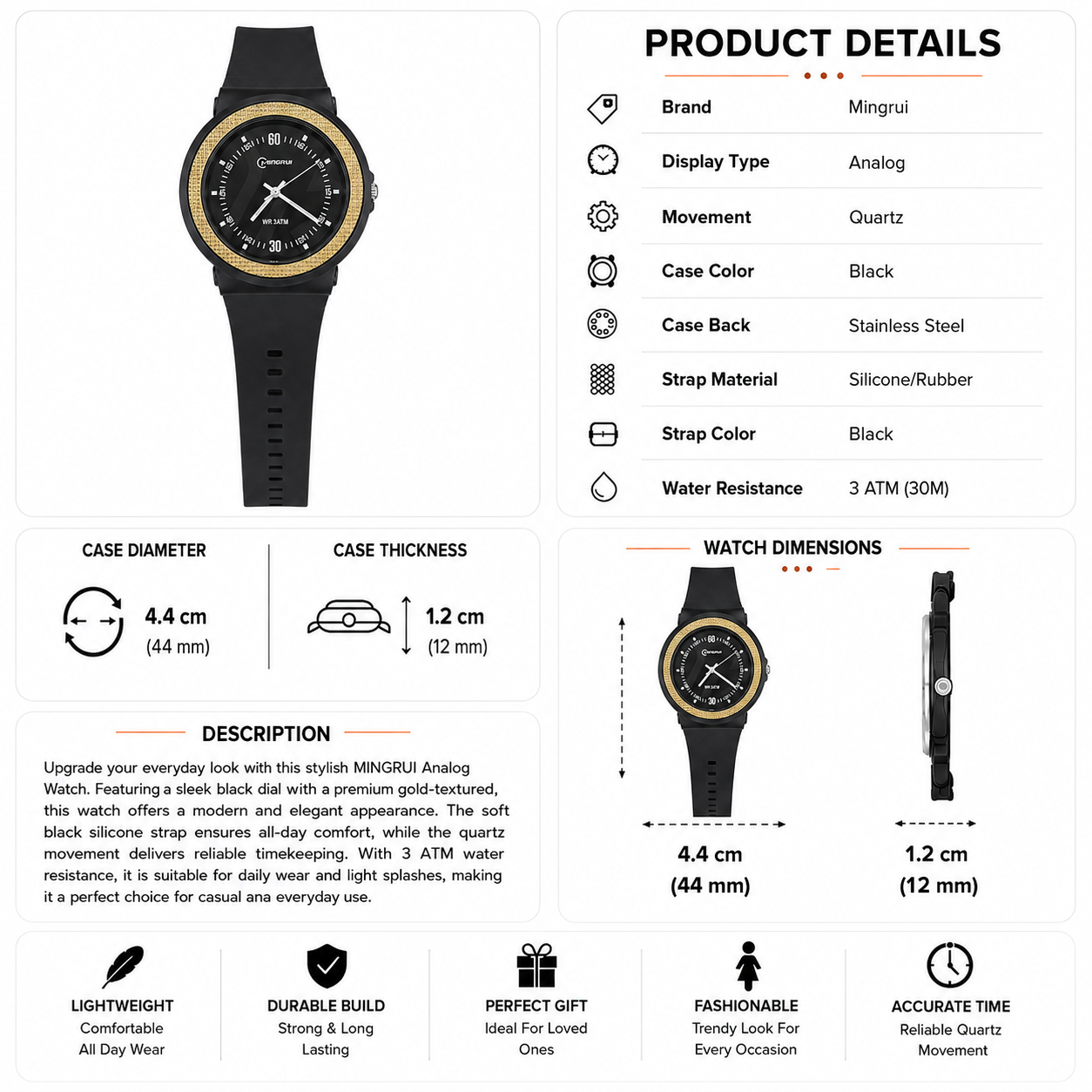 Mingrui Analog Watch for Men & Women | Black Silicone Strap | Black Dial with Gold Bezel | Quartz Movement | 3 ATM Water Resistant - Image 5