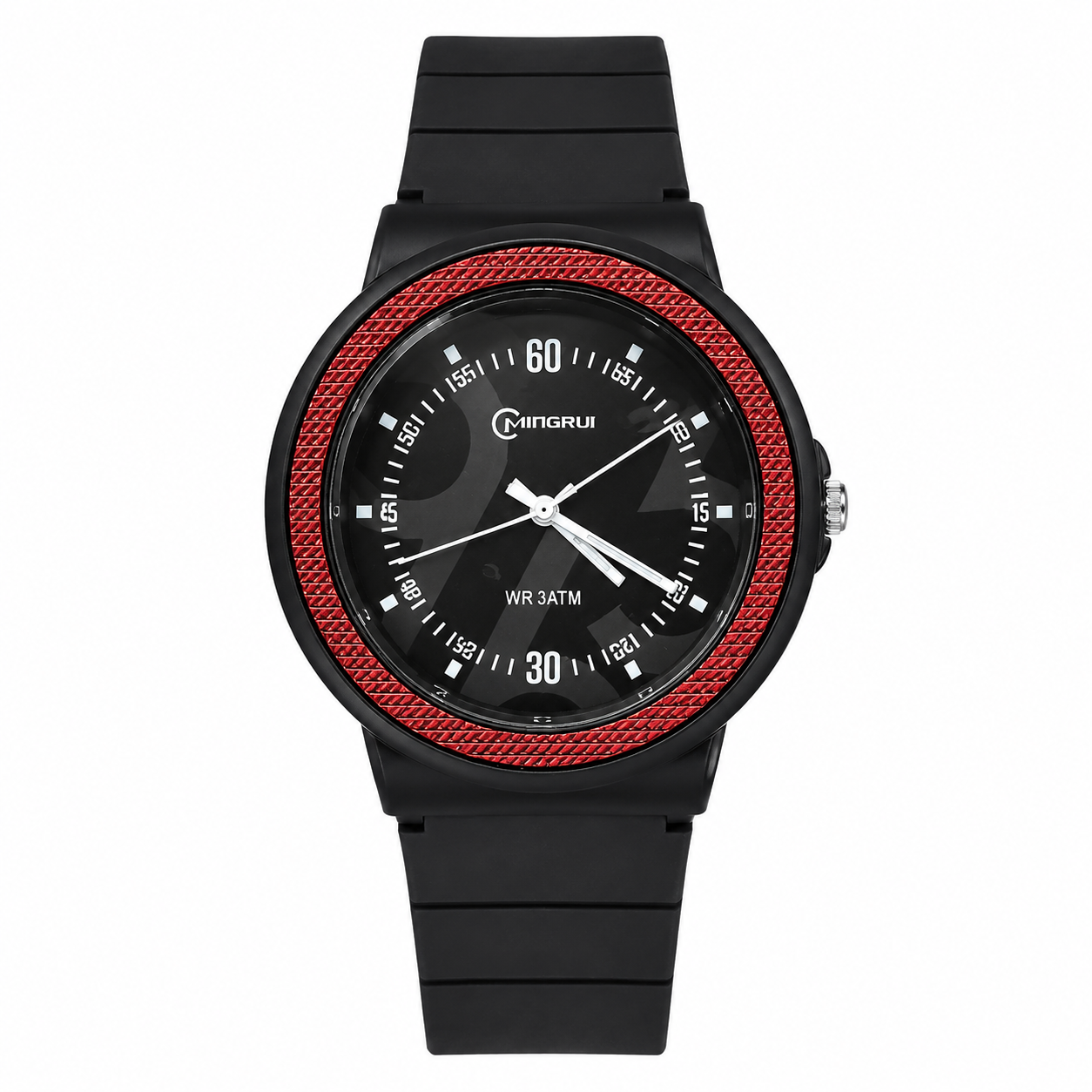 Mingrui Men’s  and women Analog Quartz Watch with Black Dial & Red Textured Bezel, Black Silicone Strap, 3 ATM Water Resistant | 44mm