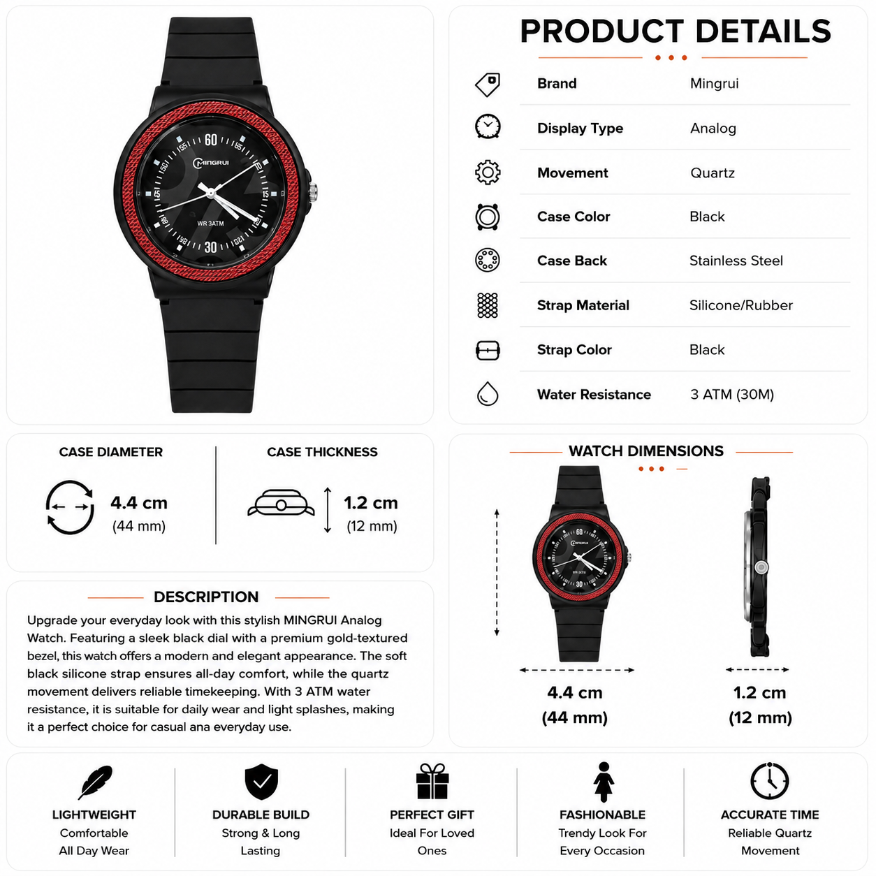 Mingrui Men's and women Analog Quartz Watch with Black Dial & Red Textured Bezel, Black Silicone Strap, 3 ATM Water Resistant | 44mm - Image 5